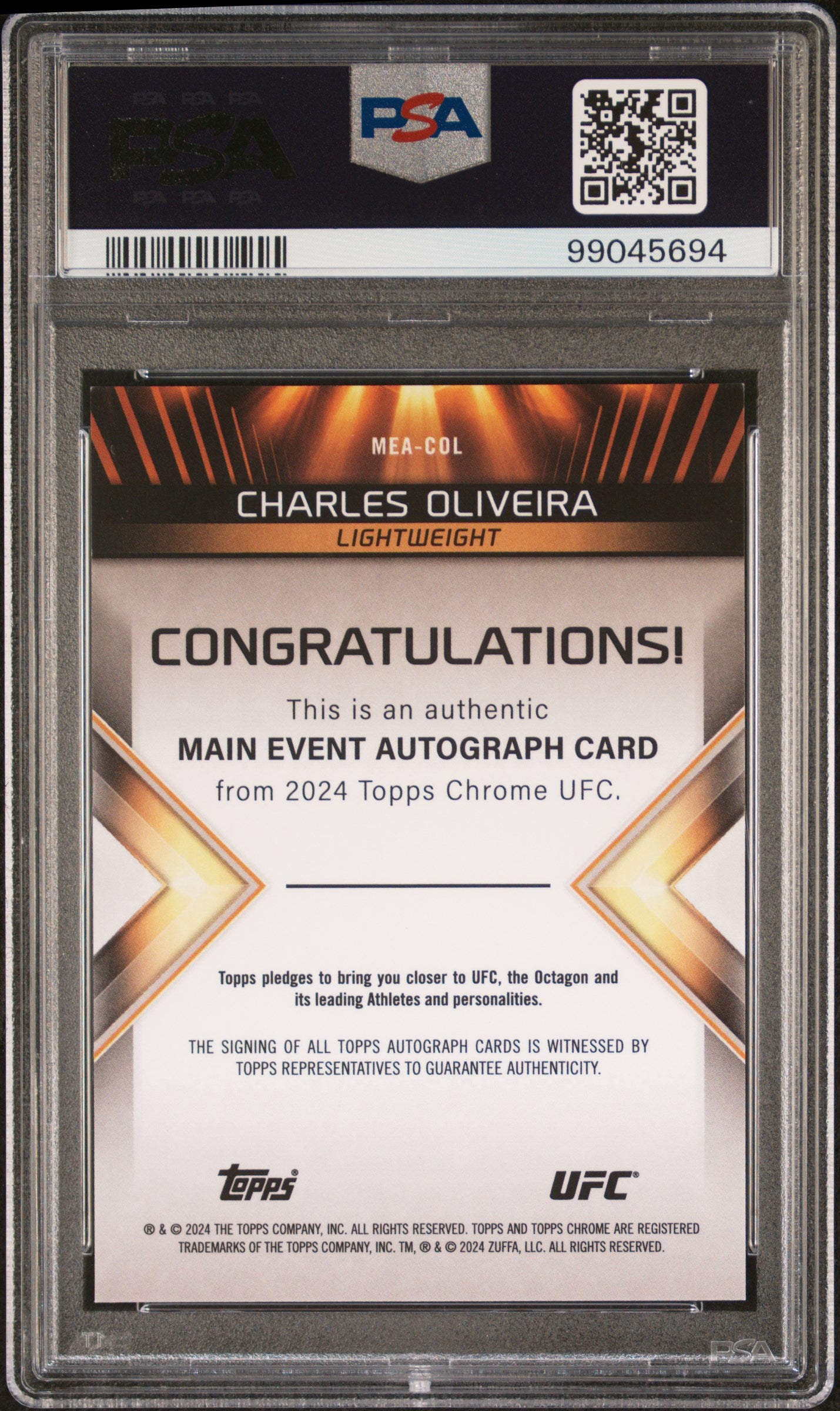 Charles Oliveira 2024 Topps Chrome Main Event Orange Refractor Auto #2/25 PSA 8.5 Nm-Mint+