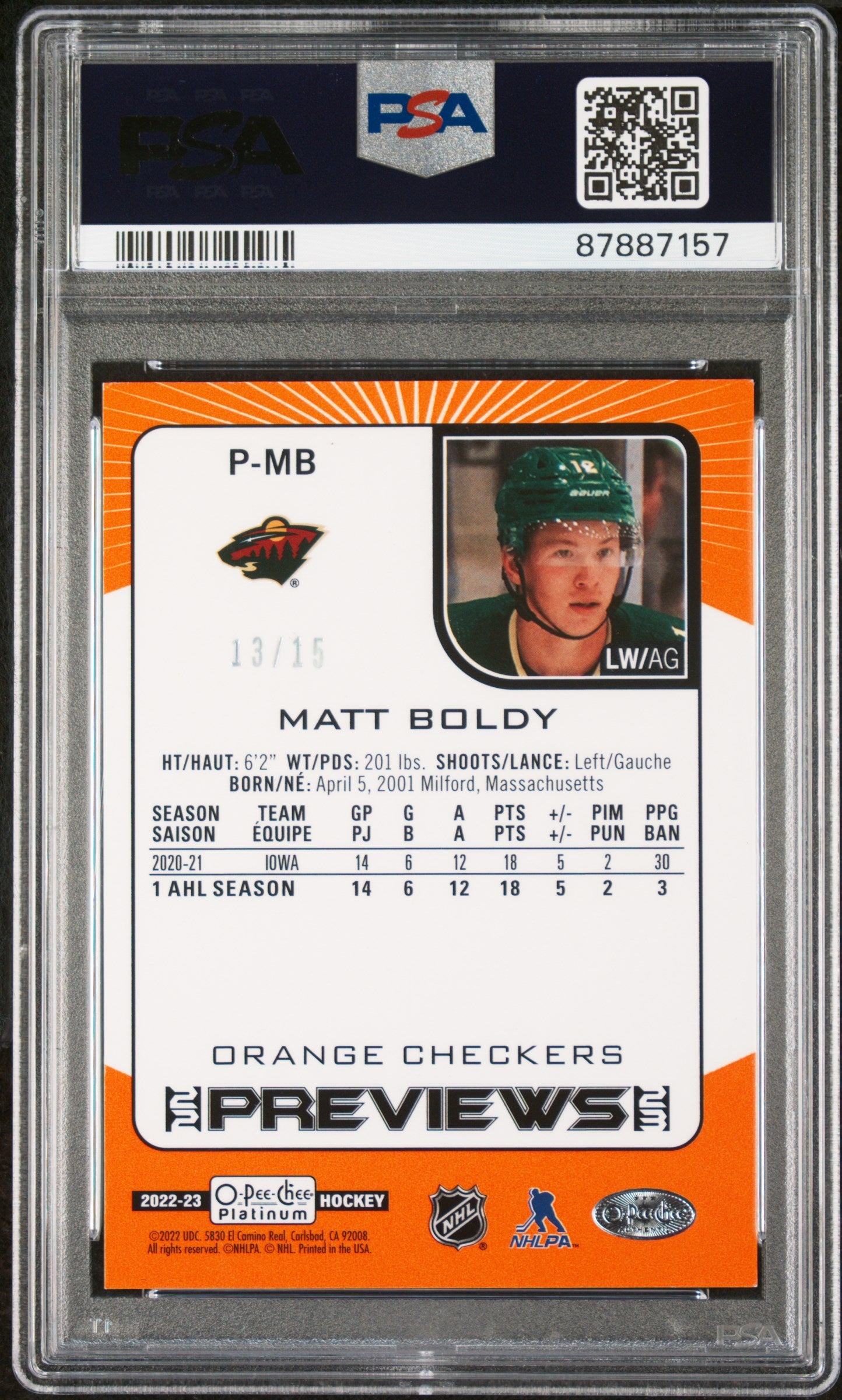 Matt Boldy 2022 OPC Platinum Orange Checkers #13/15 PSA 8 Nm-Mint