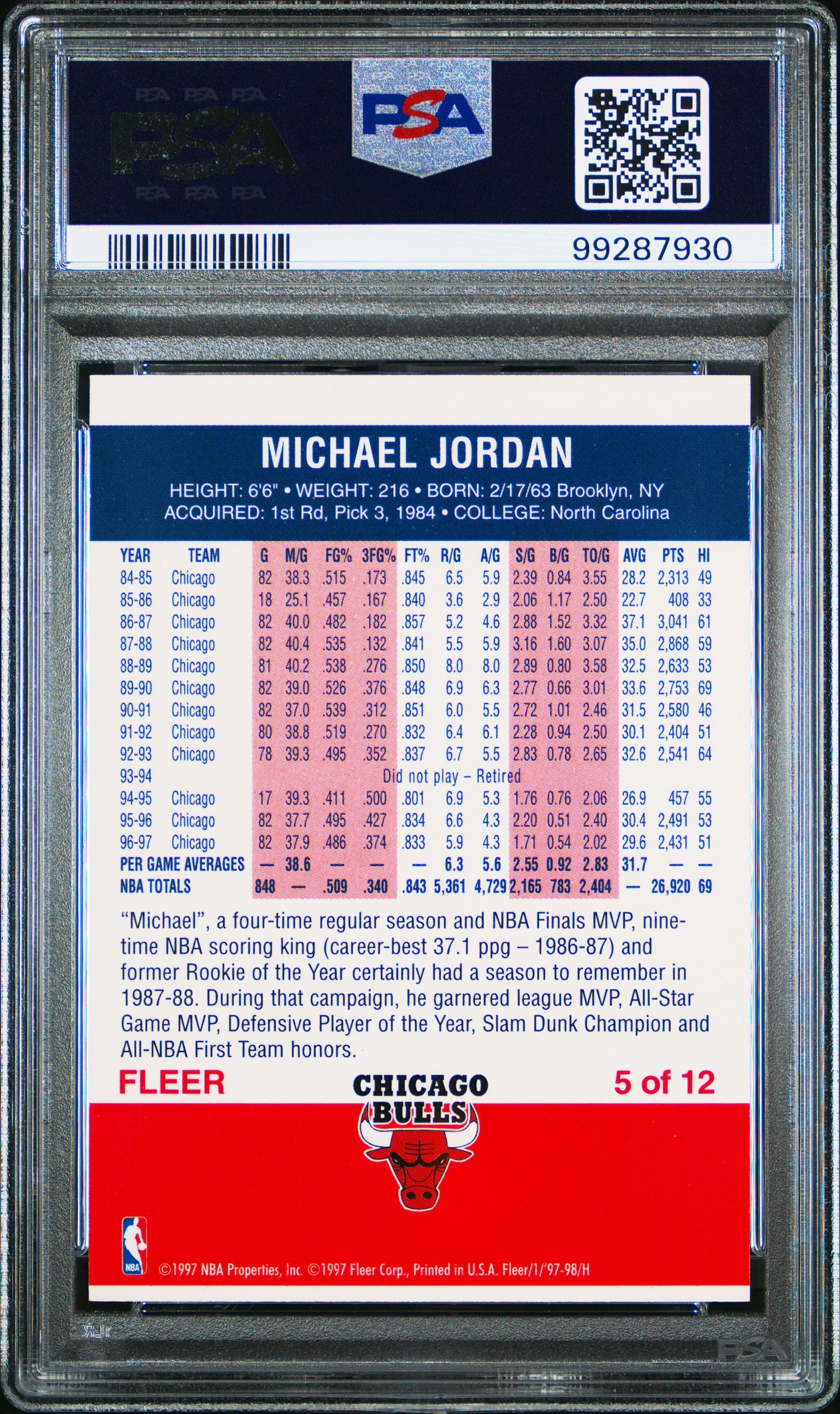 Michael Jordan 1997 Fleer Decade of Excellence #5 PSA 9 Mint