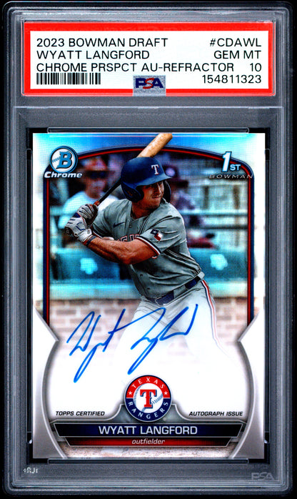 Wyatt Langford 2023 Bowman Chrome Draft Refractor Auto #484/499 PSA 10 Gem Mint