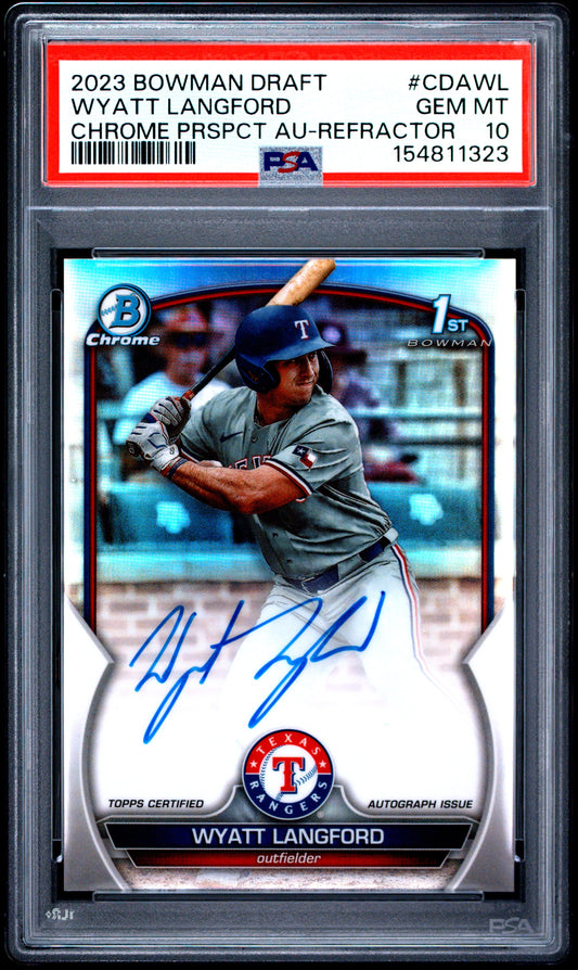 Wyatt Langford 2023 Bowman Chrome Draft Refractor Auto #484/499 PSA 10 Gem Mint