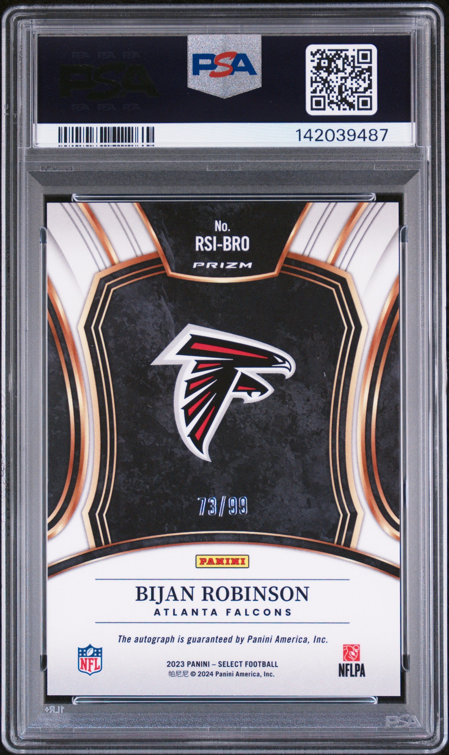 Bijan Robinson 2023 Panini Select Blue Prizm Rookie Auto #73/99 PSA 10 Auto 10