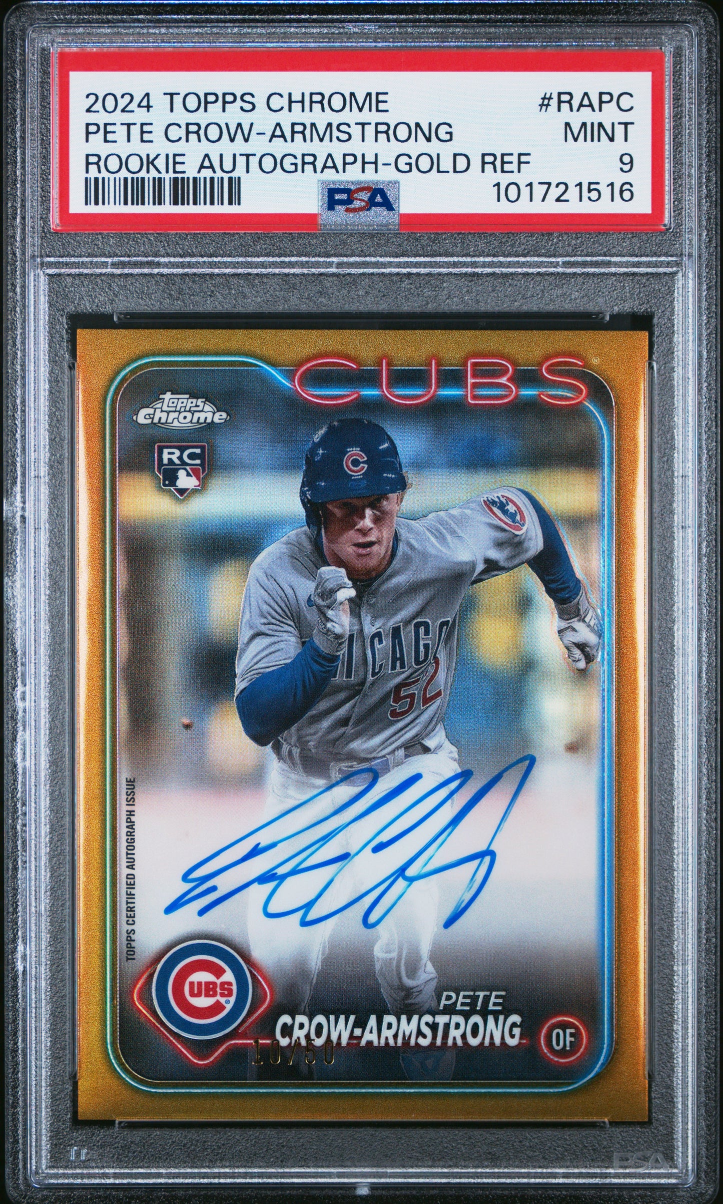 Pete Crow-Armstrong 2024 Topps Chrome Rookie Gold Auto Refractor #10/50 PSA 9 Mint