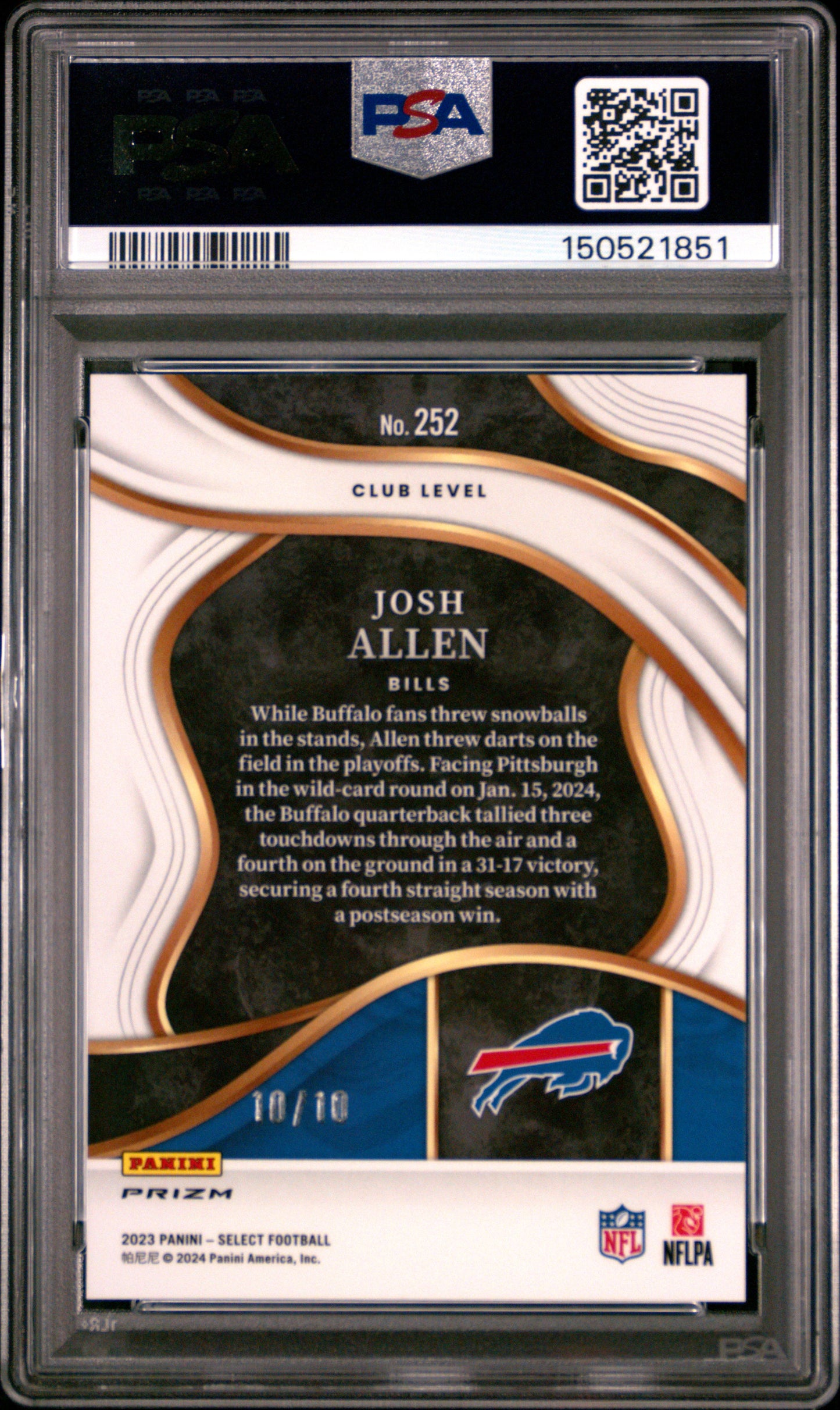 Josh Allen 2023 Select #252 Gold Prizm #10/10 PSA 9 Mint