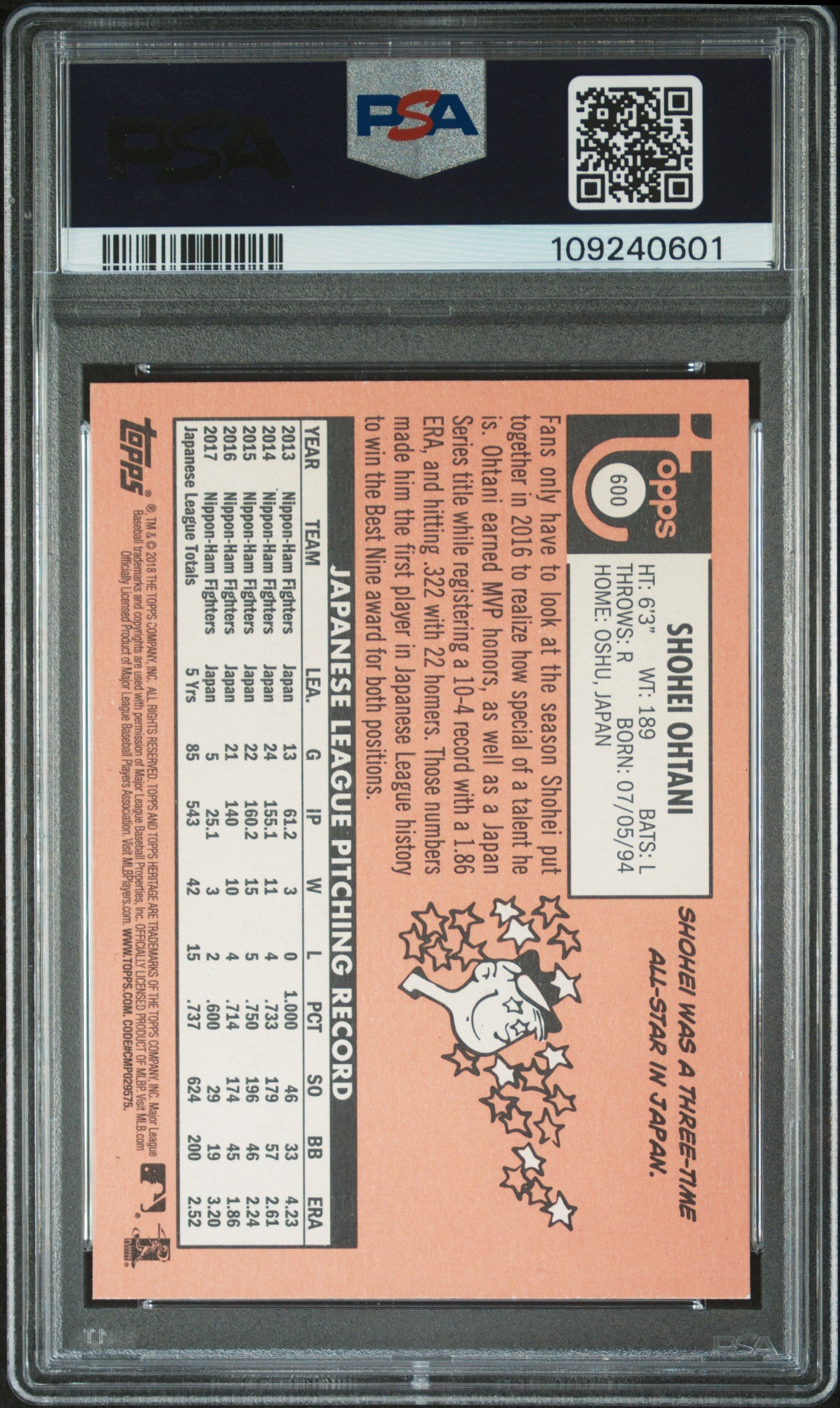 Shohei Ohtani 2018 Topps Heritage Rookie #600 PSA 10 Gem Mint