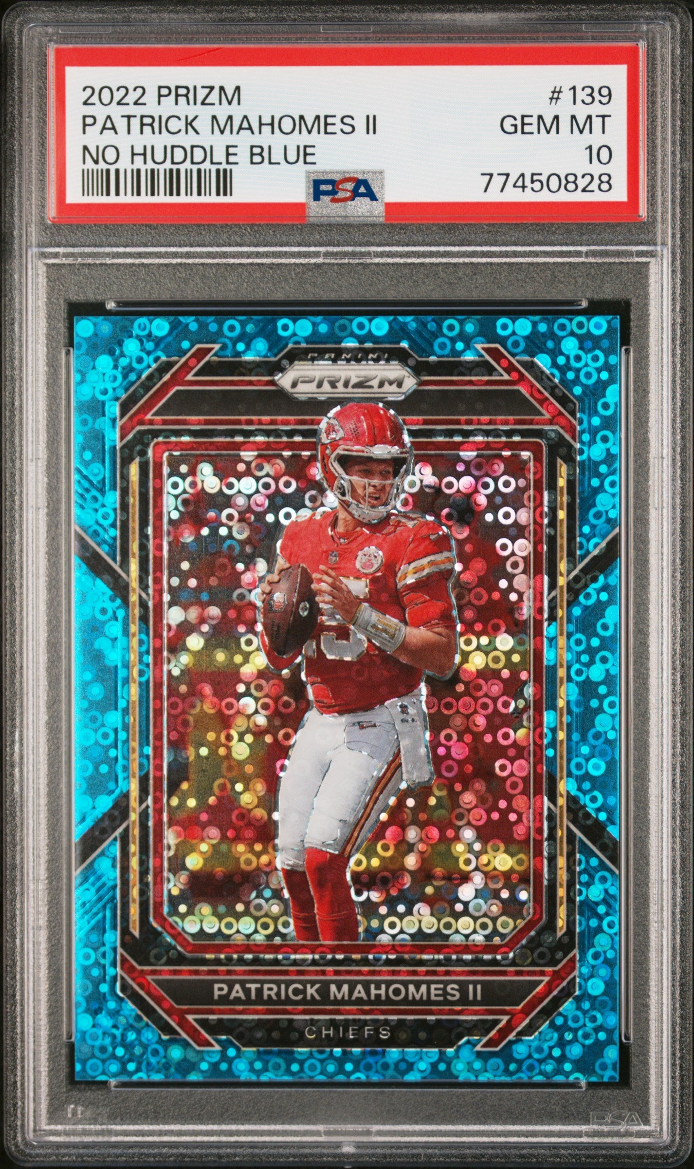 Patrick Mahomes 2022 Panini Prizm #139 No Huddle Blue #68/79 PSA 10 Gem Mint