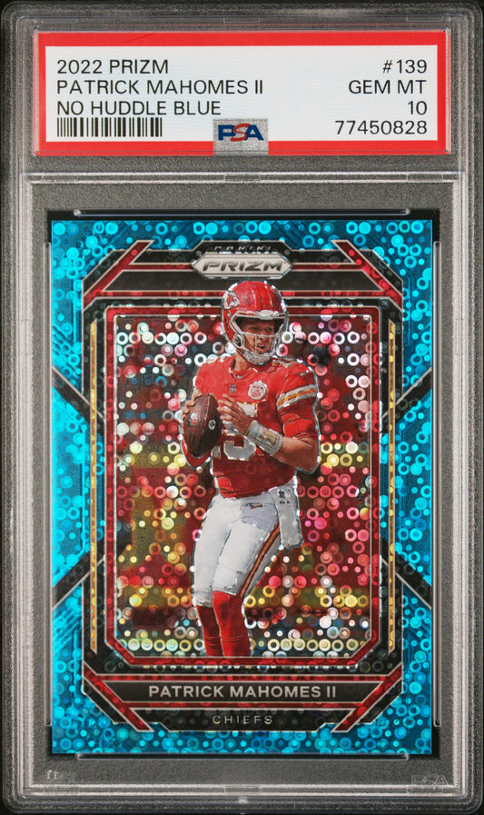 Patrick Mahomes 2022 Panini Prizm #139 No Huddle Blue #68/79 PSA 10 Gem Mint