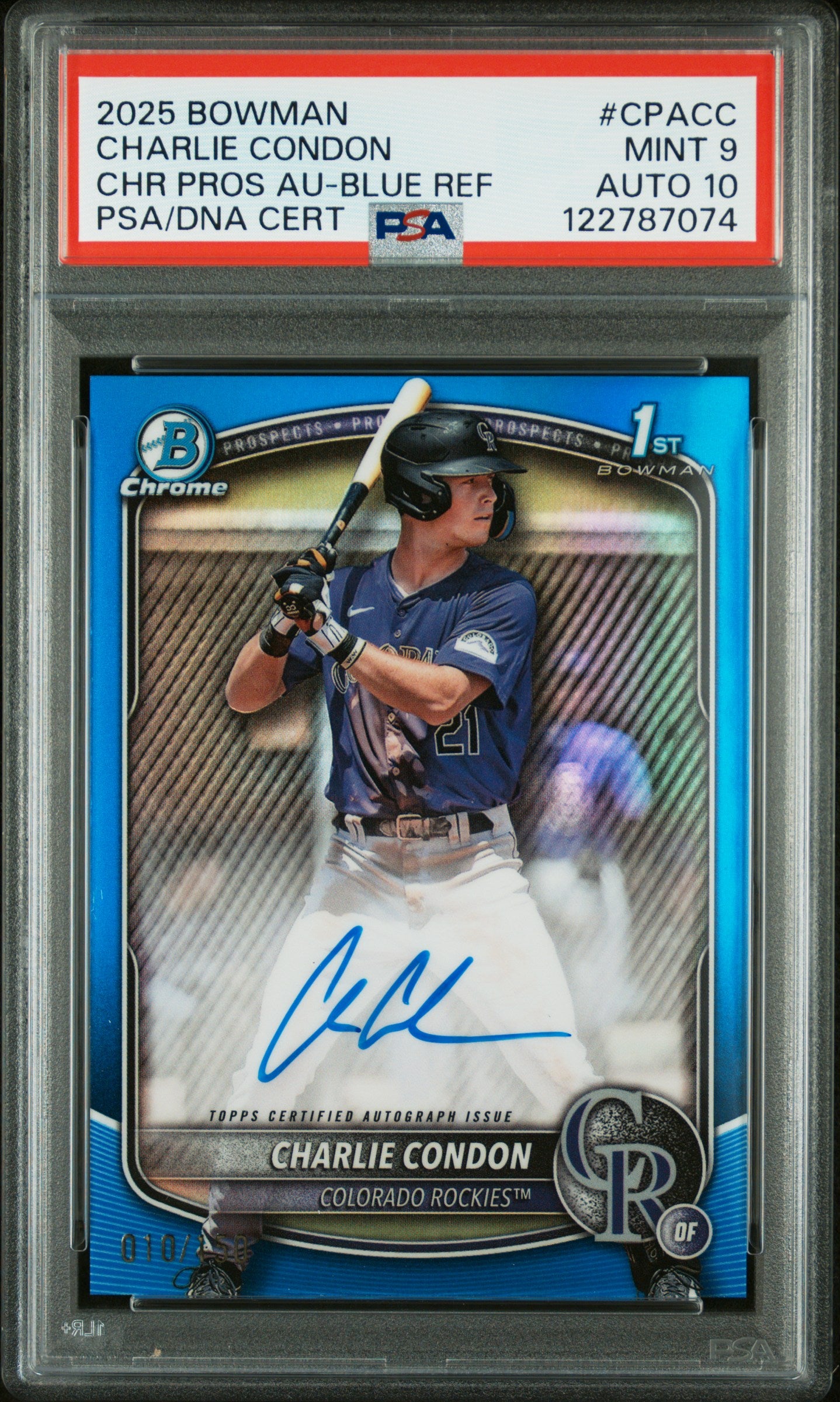 Charlie Condon 2025 Bowman Chrome Blue Refractor Auto #10/150 PSA 9 Auto 10