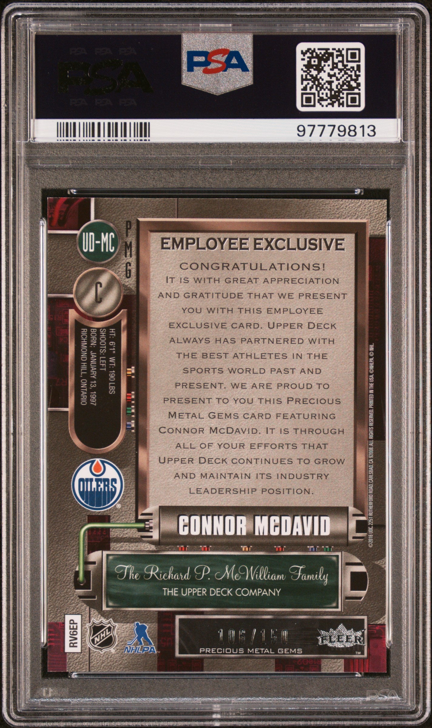 Connor McDavid 2015 Upper Deck Employee Precious Metal Gems Purple #106/175 PSA 9 Mint