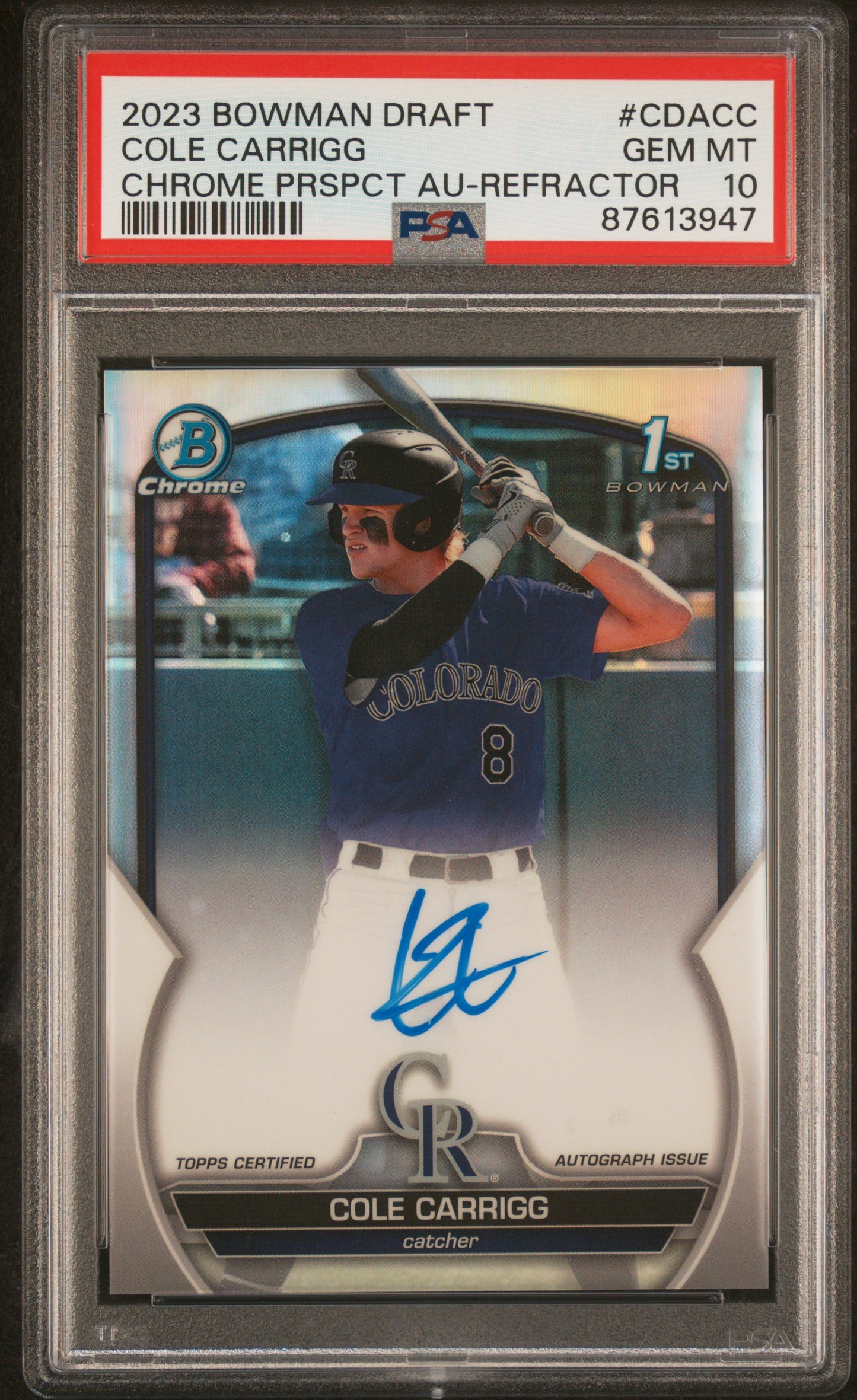 Cole Carrigg 2023 Bowman Draft Refractor Auto #481/499 PSA 10 Gem Mint