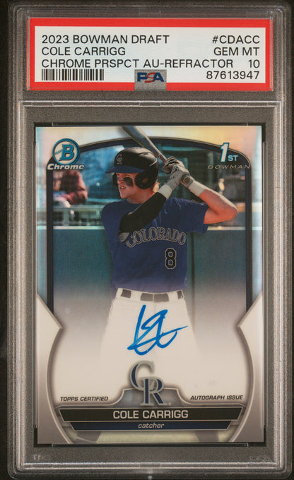 Cole Carrigg 2023 Bowman Draft Refractor Auto #481/499 PSA 10 Gem Mint