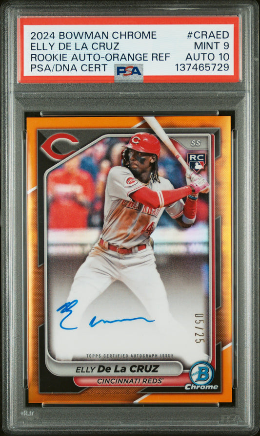 Elly de la Cruz 2024 Bowman Chrome Orage Refractor Auto #5/25 PSA 9 Auto 10