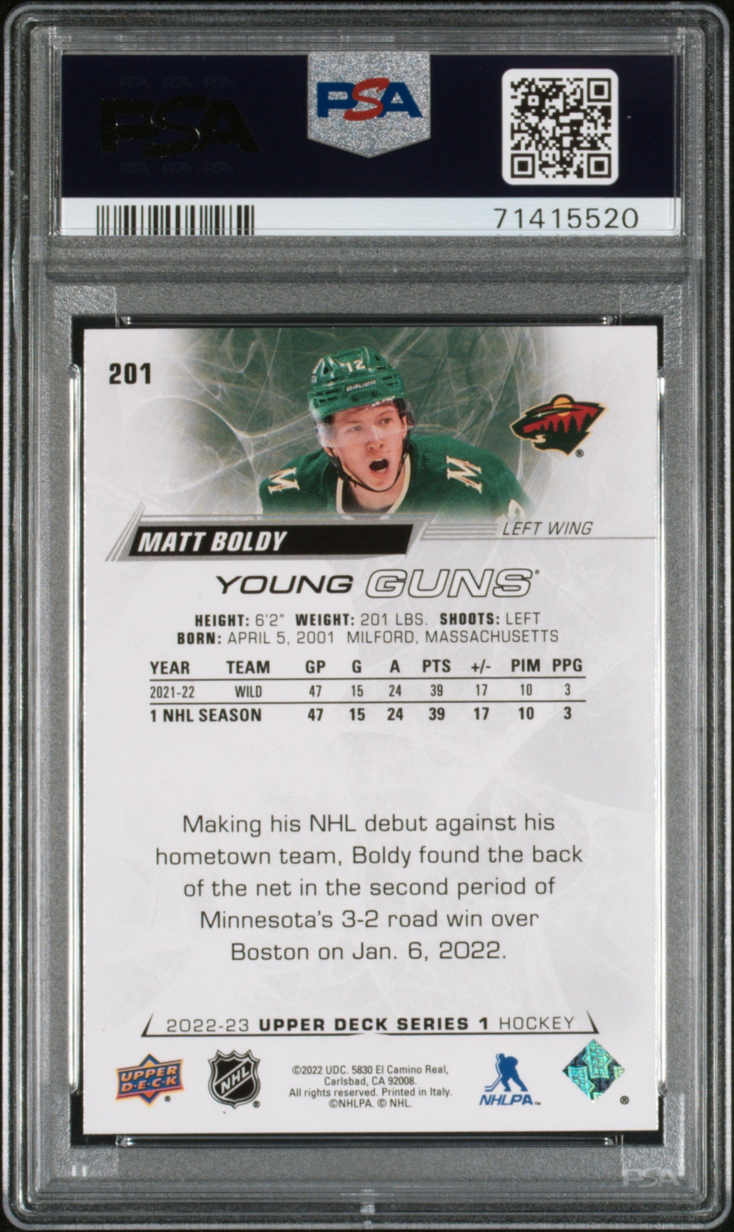Matt Boldy 2022 Upper Deck Rookie #201 PSA 10 Gem Mint 5520