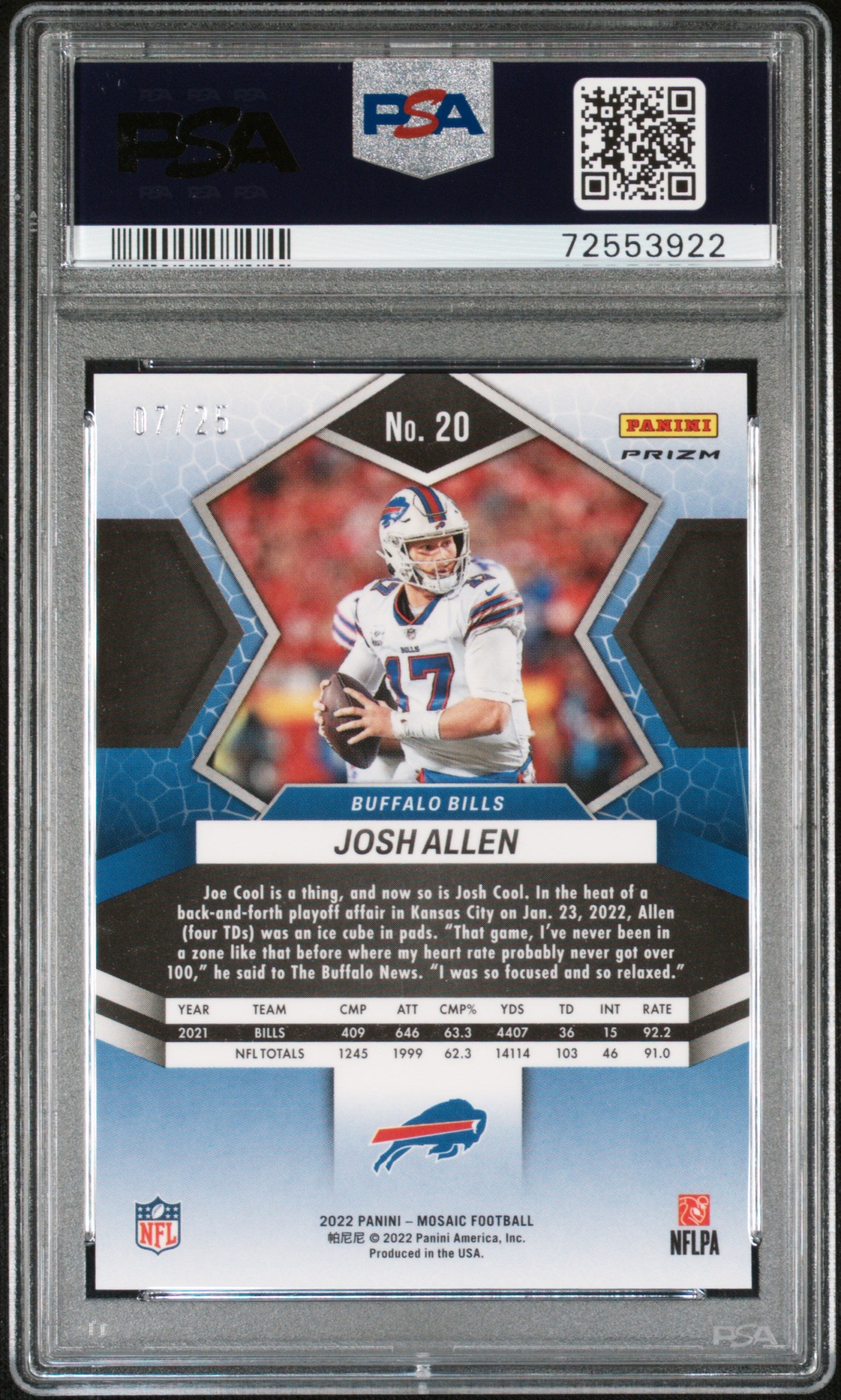 Josh Allen 2022 Panini Mosaic #20 Orange Fluorescent #17/25 Jersey #