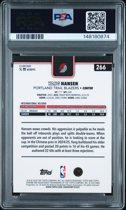 Yang Hansen 2025 Topps Chrome Rookie #266 Magenta Refractor #235/399 PSA 10 Gem Mint
