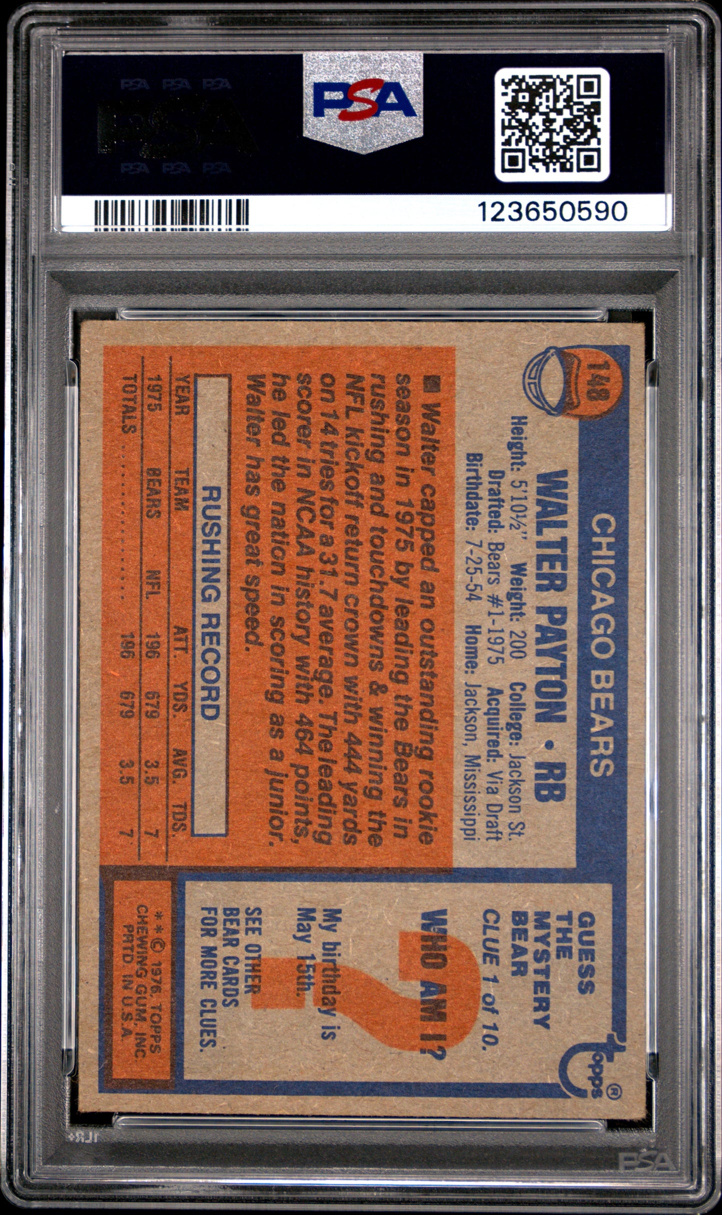 Walter Payton 1976 Topps #148 Rookie PSA 3 Very Good 0590