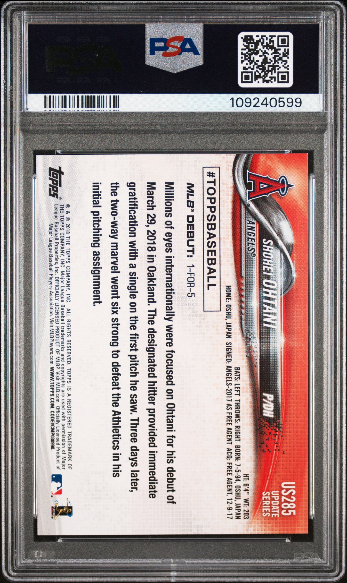 Shohei Ohtani 2018 Topps Update #US285 PSA 10 Gem Mint 0599