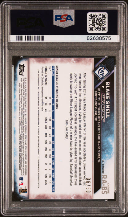 Blake Snell 2016 Topps Chrome Rookie Gold Refractor Autograph #36/50 PSA 10 Gem Mint