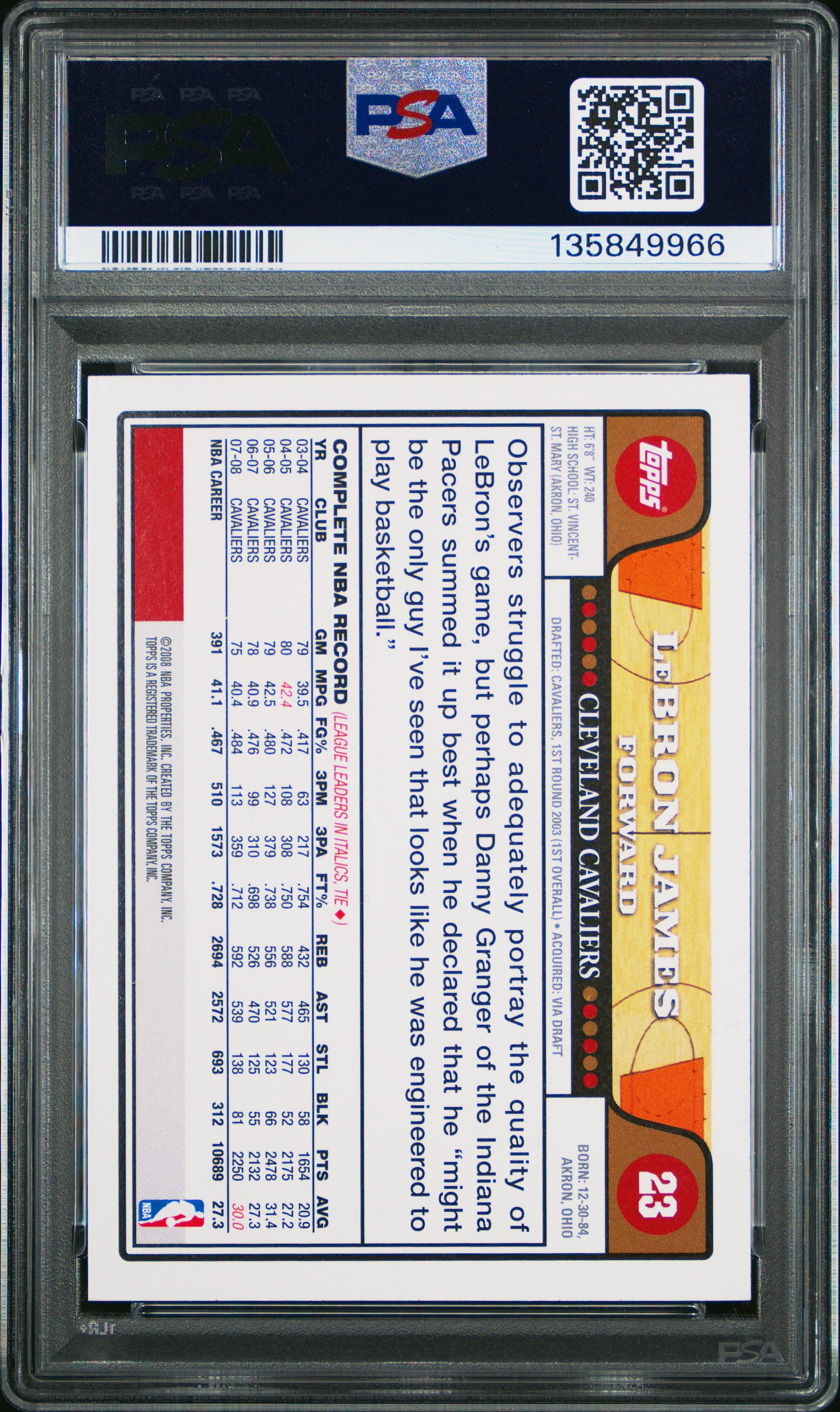 Lebron James 2008 Topps #23 PSA 9 Mint 9966