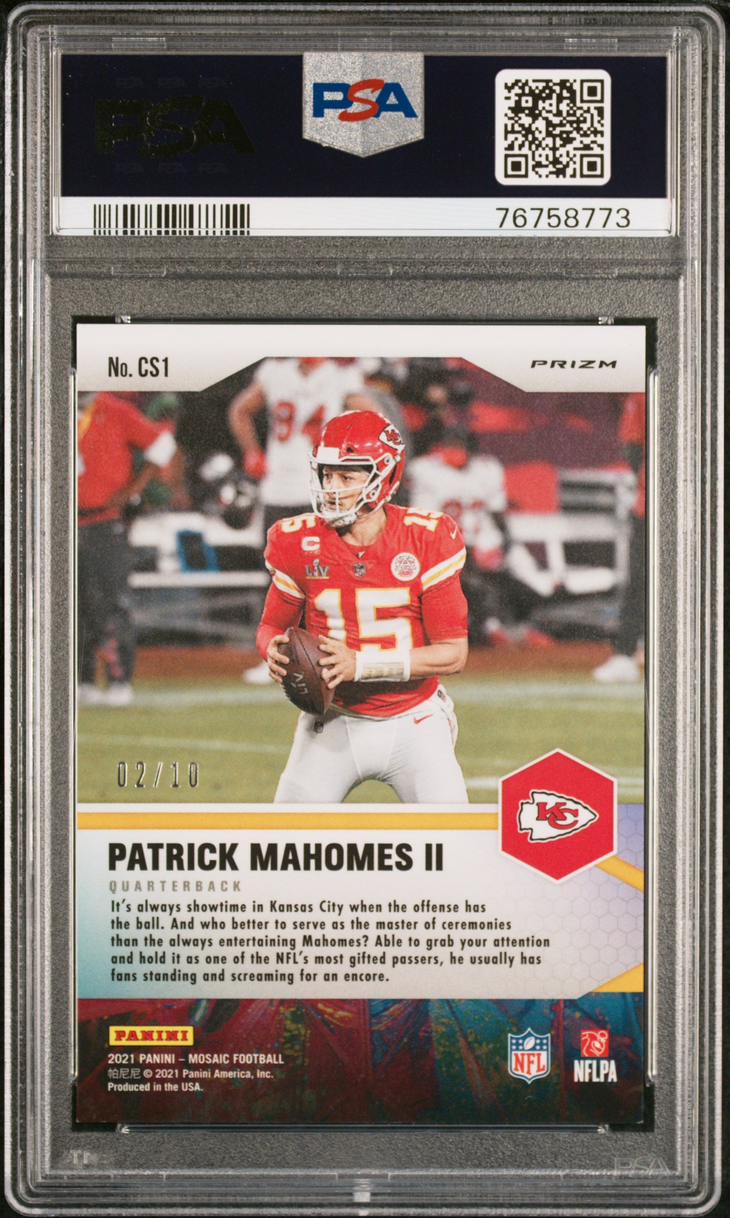 Patrick Mahomes 2021 Panini Mosaic Center Stage Gold Mosaic #2/10 PSA 9 Mint