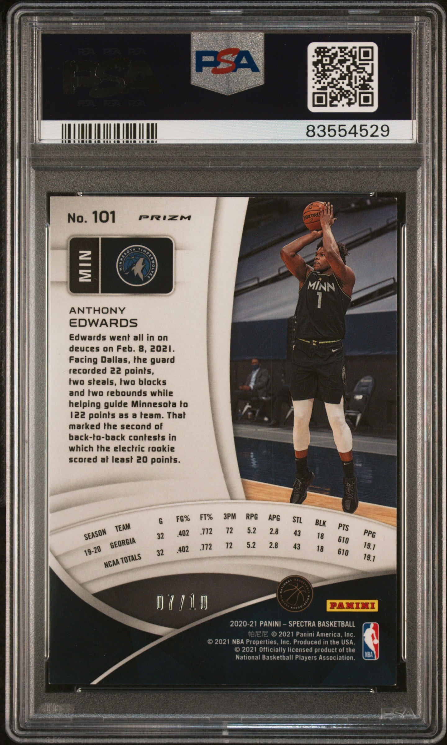 Anthony Edwards 2020 Panini Spectra Gold Rookie #7/10 PSA 8 Nm-Mint
