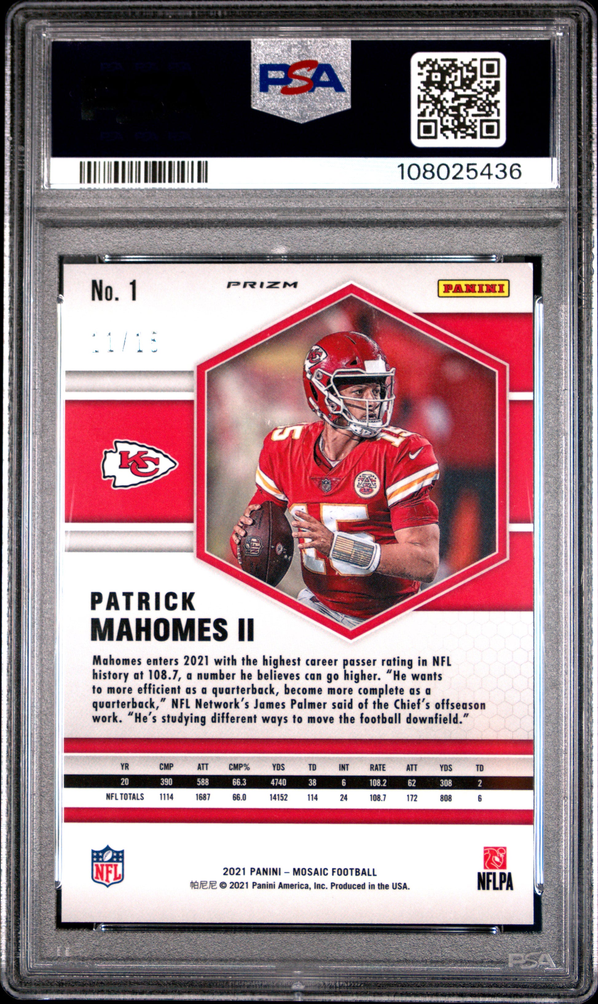 Patrick Mahomes 2021 Panini Mosaic #1 Blue Fluorescent #11/15 PSA 9 Mint