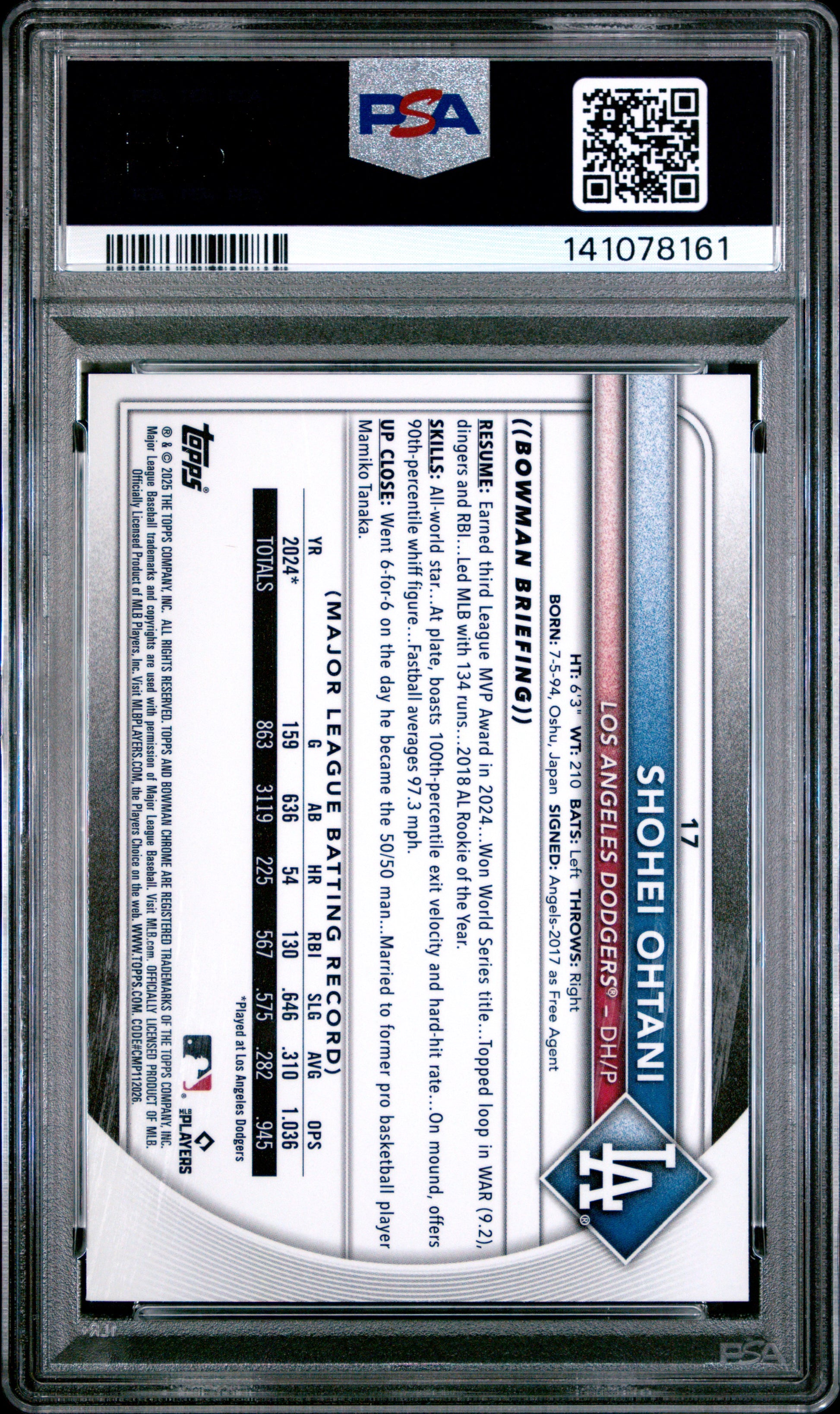 Shohei Ohtani 2025 Bowman Chrome Sapphire #17 PSA 10 Gem Mint 8161