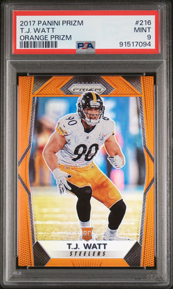 T.J. Watt 2017 PAnini Prizm Rookie #216 Orange Prizm #105/275 PSA 9 Mint