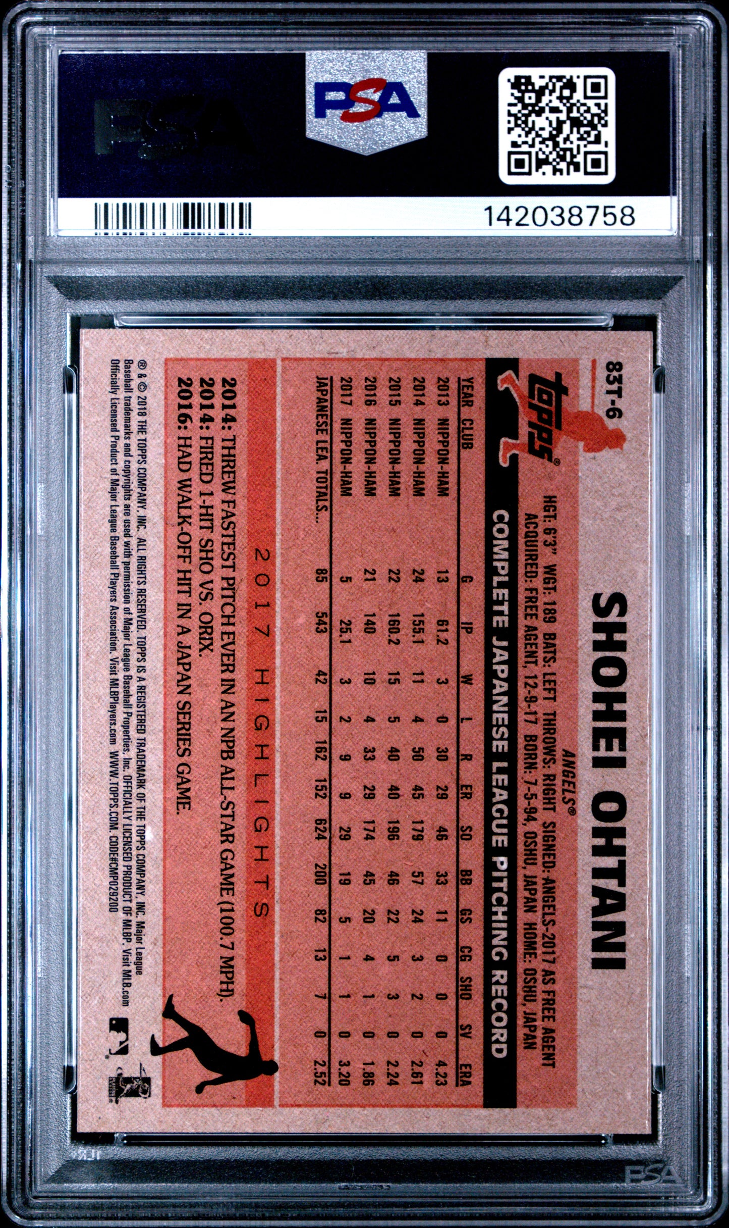 Shohei Ohtani 2018 Topps Chrome 1983 Topps PSA 9 Mint 8758