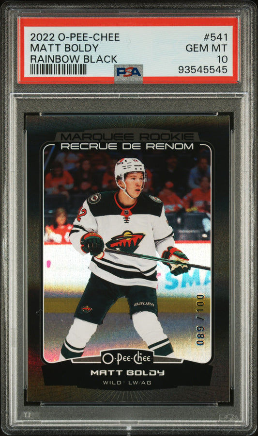 Matt Boldy 2022 O-Pee-Chee #541 Rainbow Black #89/100 PSA 10 Gem Mint