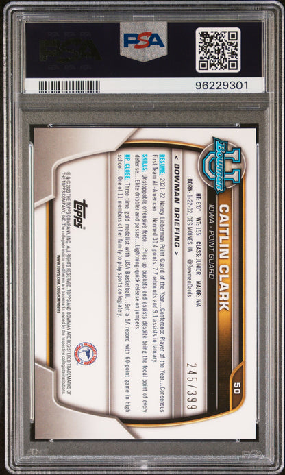 Caitlin Clark 2022 Bowman University Chrome Purple Mini Diamond #245/399 PSA 10 Gem Mint