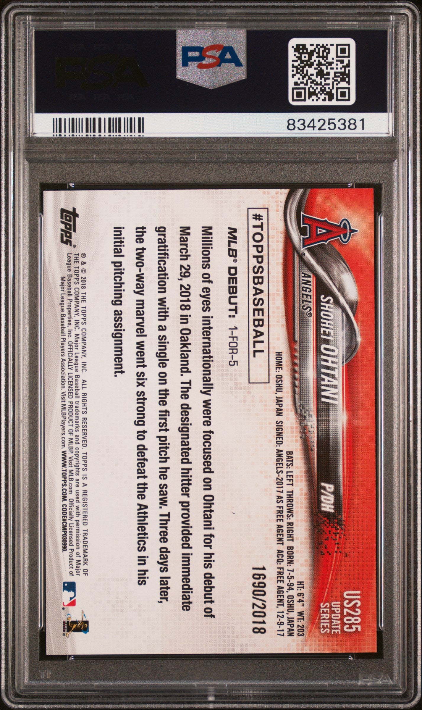 Shohei Ohtani 2018 Topps Update Gold #US285 #1690/2018 PSA 10 Gem Mint