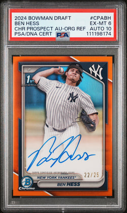 Ben Hess 2024 Bowman Chrome Orange Refractor Auto #22/25 PSA 6 Auto 10