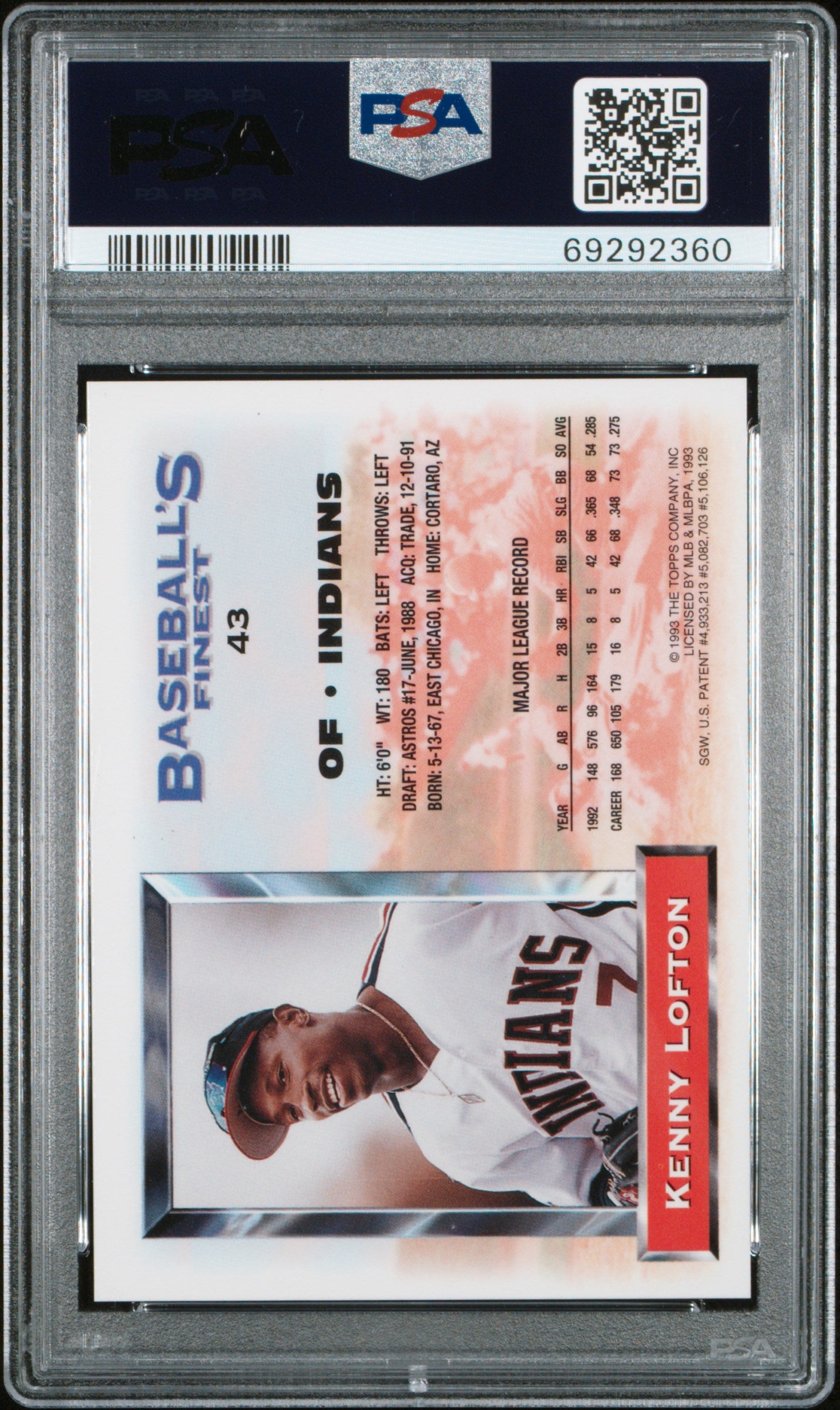 Kenny Lofton 1993 Topps Finest Refractor #43 PSA 8 Nm-Mint