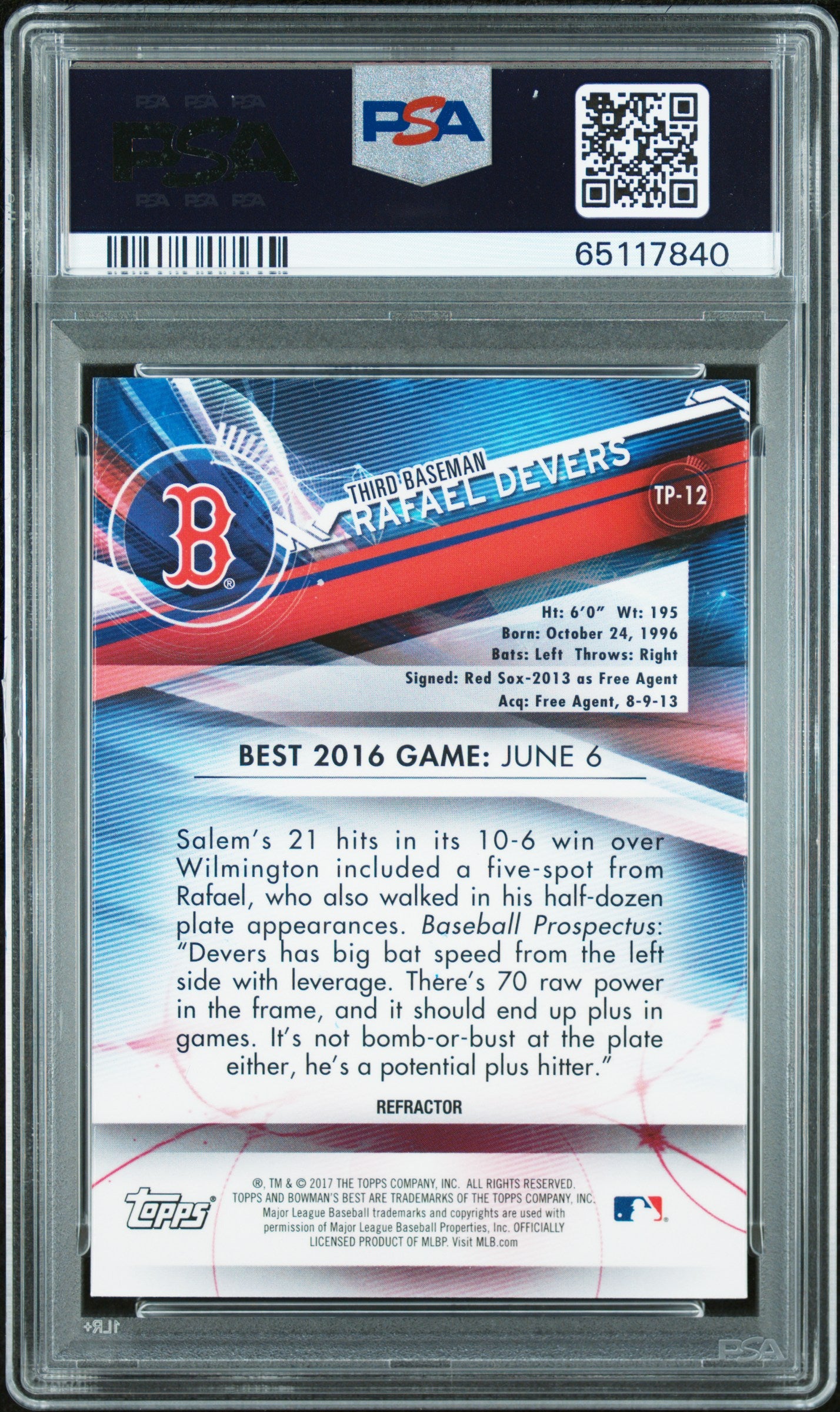 Rafael Devers 2021 Topps Archives Signature Series 2017 Bowmans Best Auto #1/1 PSA 10 Gem Mint