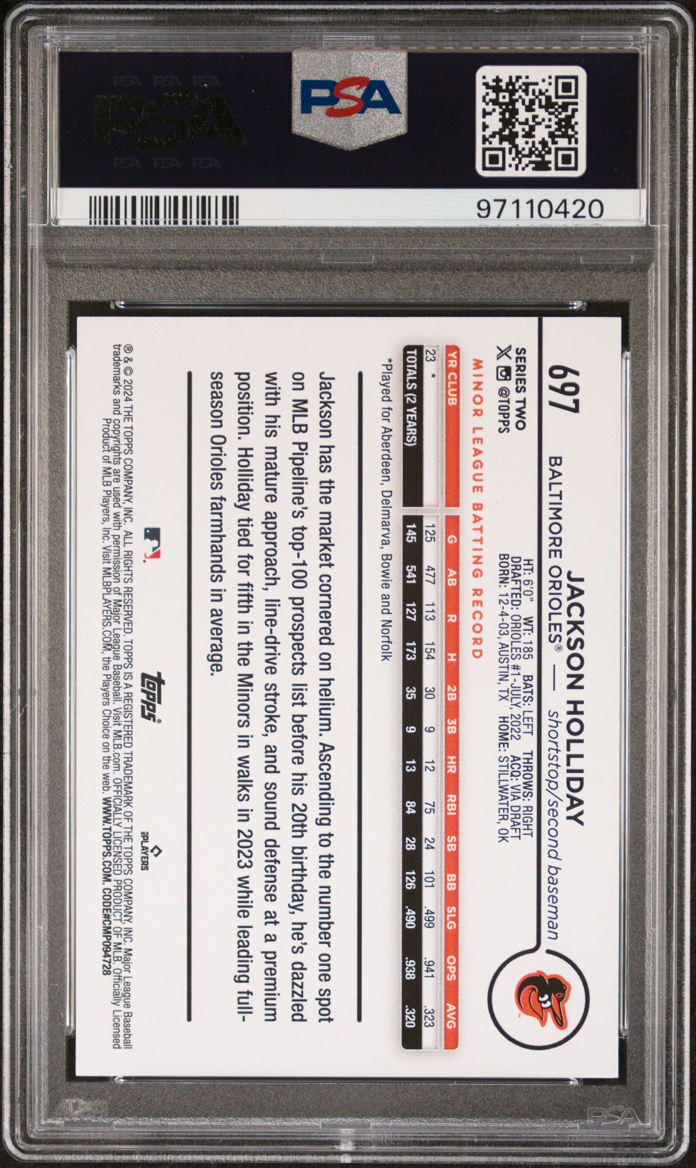 Jackson Holliday 2024 Topps #697 Fun Face White Scribble SP PSA 10 Gem Mint