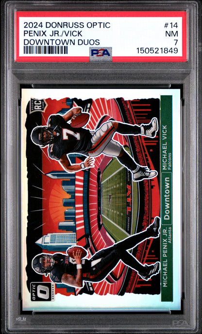 Michael Penix Jr. + Michael Vick 2024 Donruss Optic Downtown Duos PSA 7 Near Mint