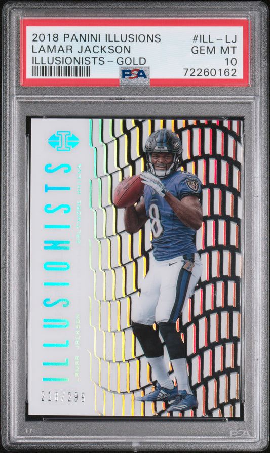 Lamar Jackson 2018 Panini Illusions Illusionists Gold #218/299 PSA 10 Gem Mint