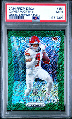 Xavier Worthy 2024 Panini Prizm Deca Rookie #158 Green Shimmer #5/12 PSA 9 Mint