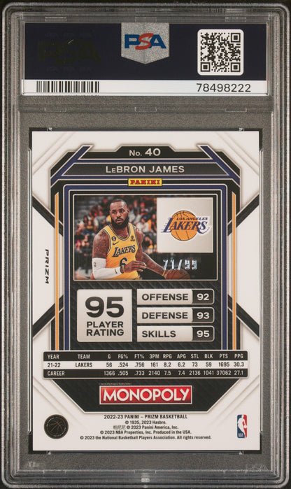 LeBron James 2022 Panini Prizm Monopoly #40 Red Prizm #71/99 PSA 10 Gem Mint