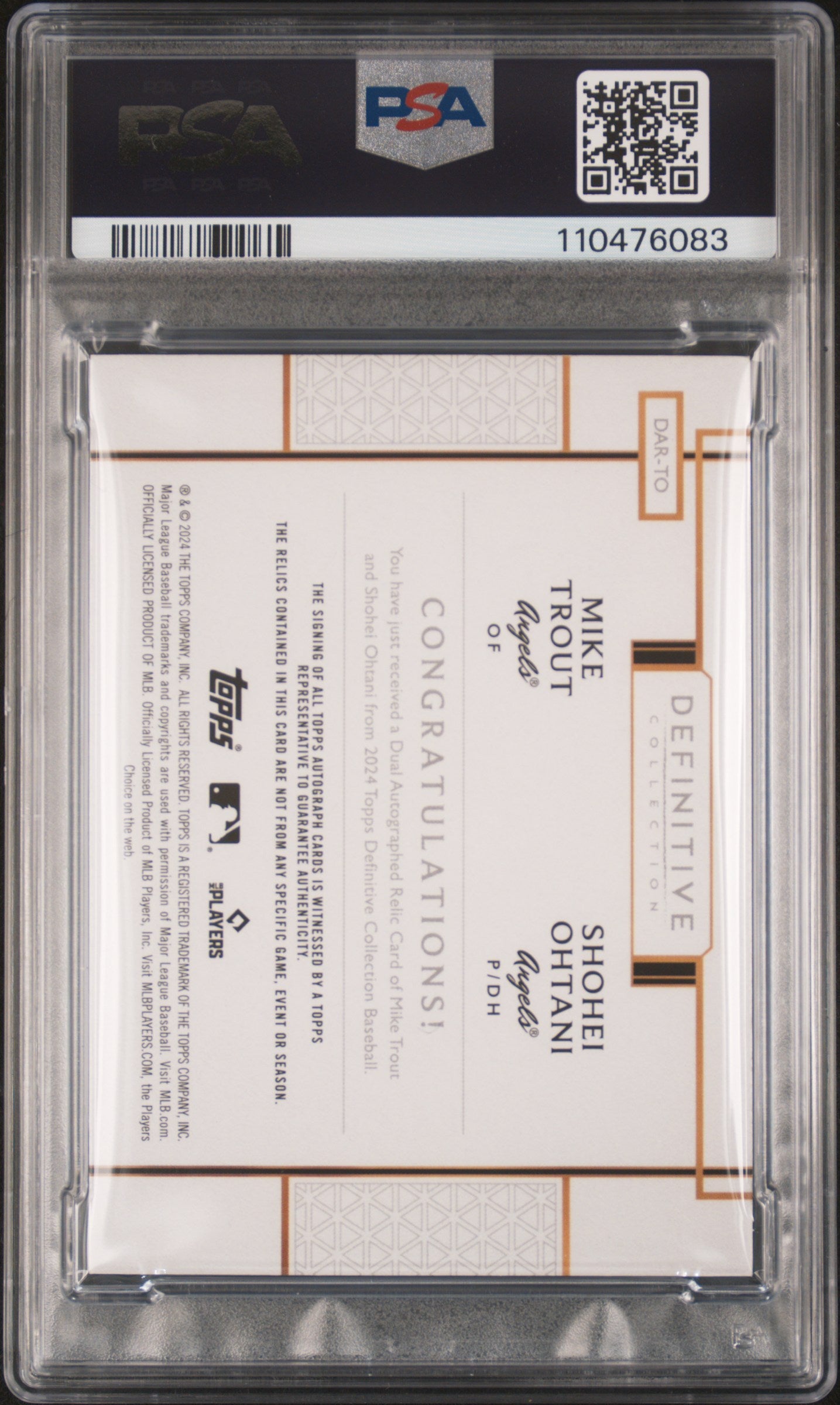 Shohei Ohtani + Mike Trout 2024 Topps Definitive Dual Patch auto Purple #3/10 PSA 9 Mint