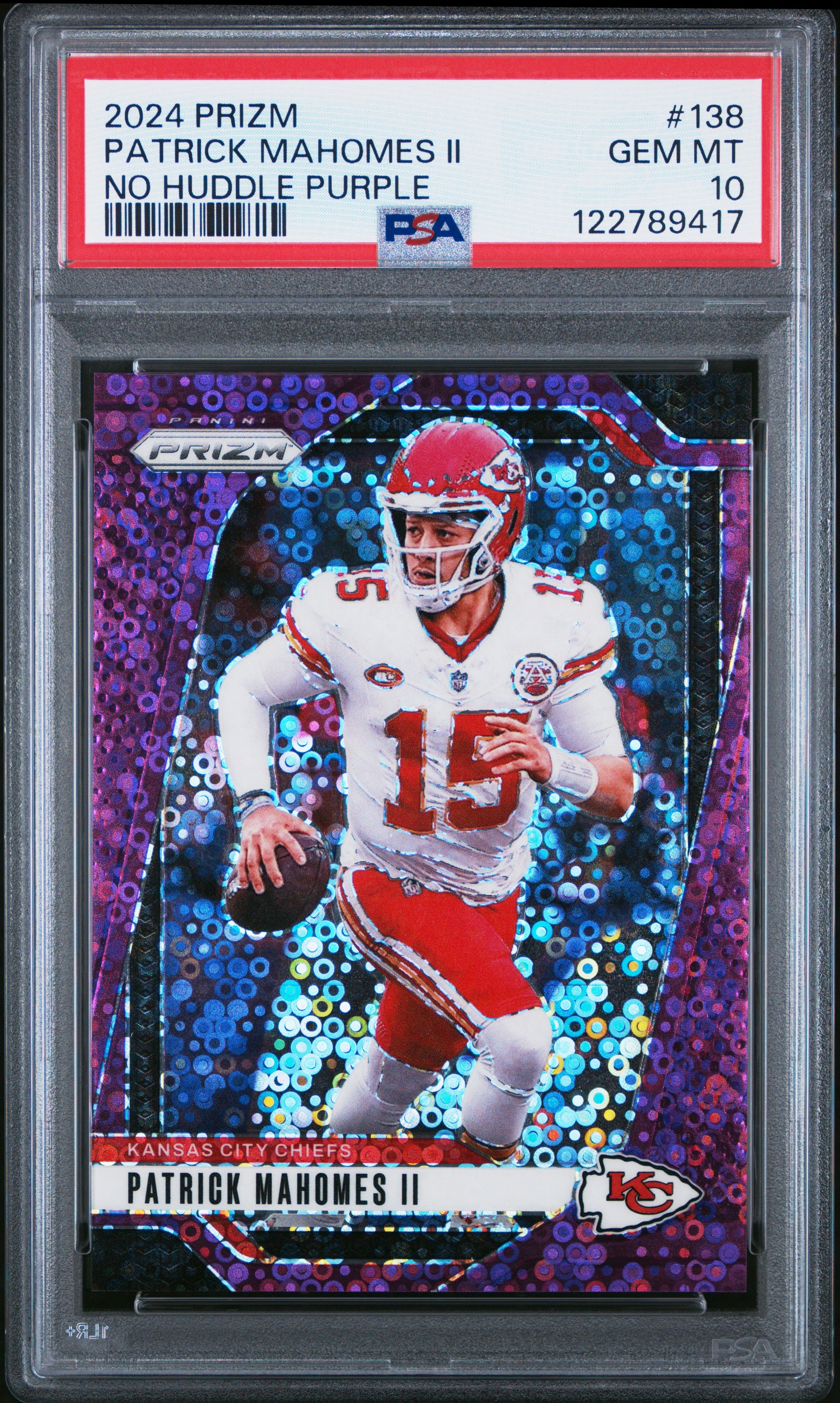 Patrick Mahomes 2024 Panini Prizm #138 No Huddle Purple #39/49 PSA 10 Gem Mint