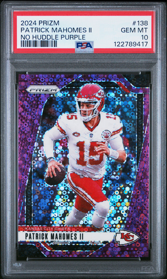 Patrick Mahomes 2024 Panini Prizm #138 No Huddle Purple #39/49 PSA 10 Gem Mint
