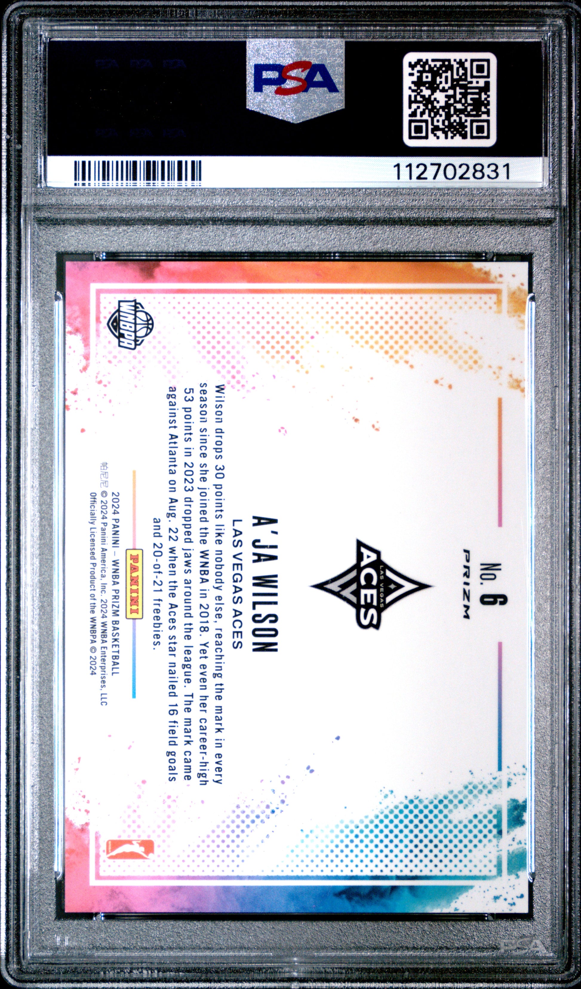 A'Ja Wilson 2024 Panini Prizm WNBA Color Blast PSA 8 Nm-Mint