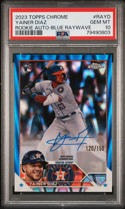 Yainer Diaz 2023 Topps Chrome Blue Raywave Auto PSA 10 Gem Mint