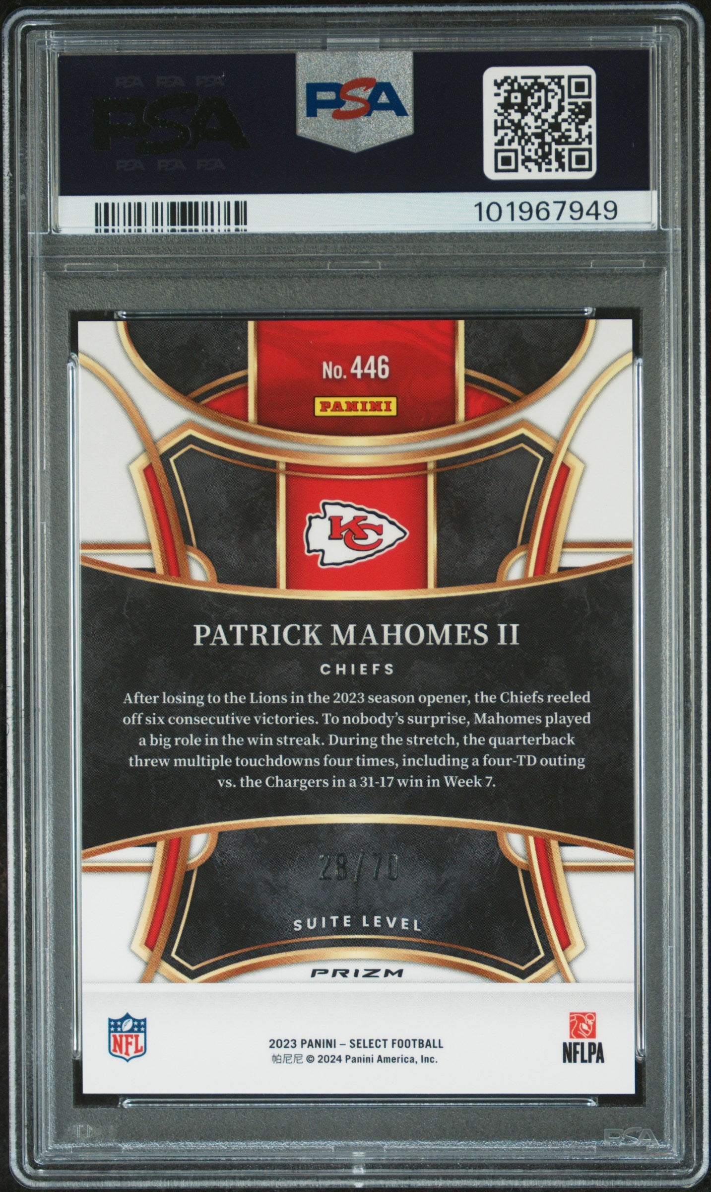 Patrick Mahomes 2023 Panini Select #446 Dragon Scale #28/70 PSA 10 Gem Mint