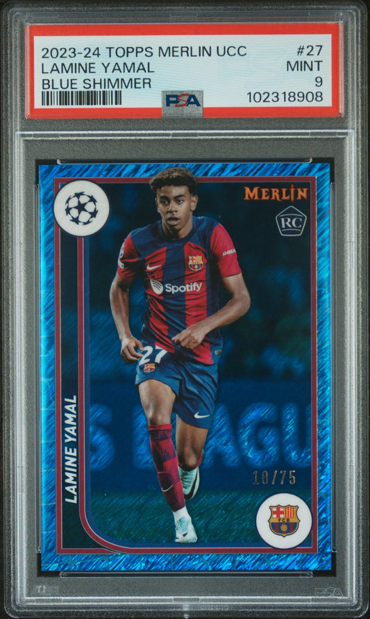 Lamine Yamal 2023 Topps Merlin UCC #27 Blue Shimmer PSA 9 Mint