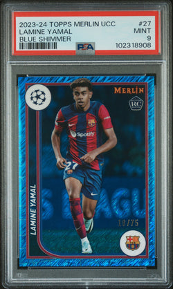 Lamine Yamal 2023 Topps Merlin UCC #27 Blue Shimmer PSA 9 Mint