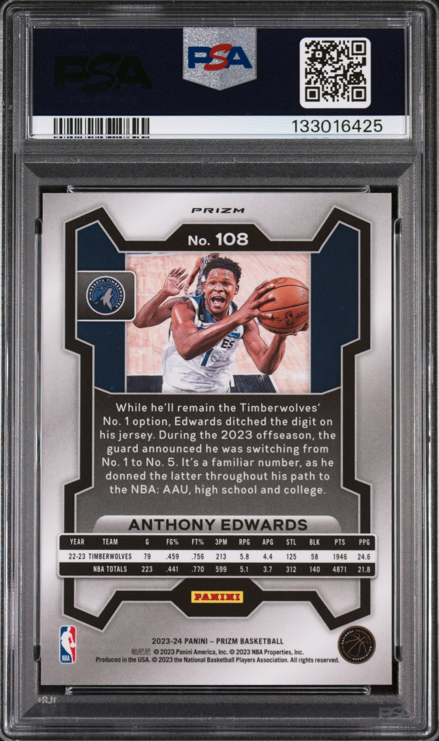 Anthony Edwards 2023 Panini Prizm #108 King Snake PSA 10 Gem Mint