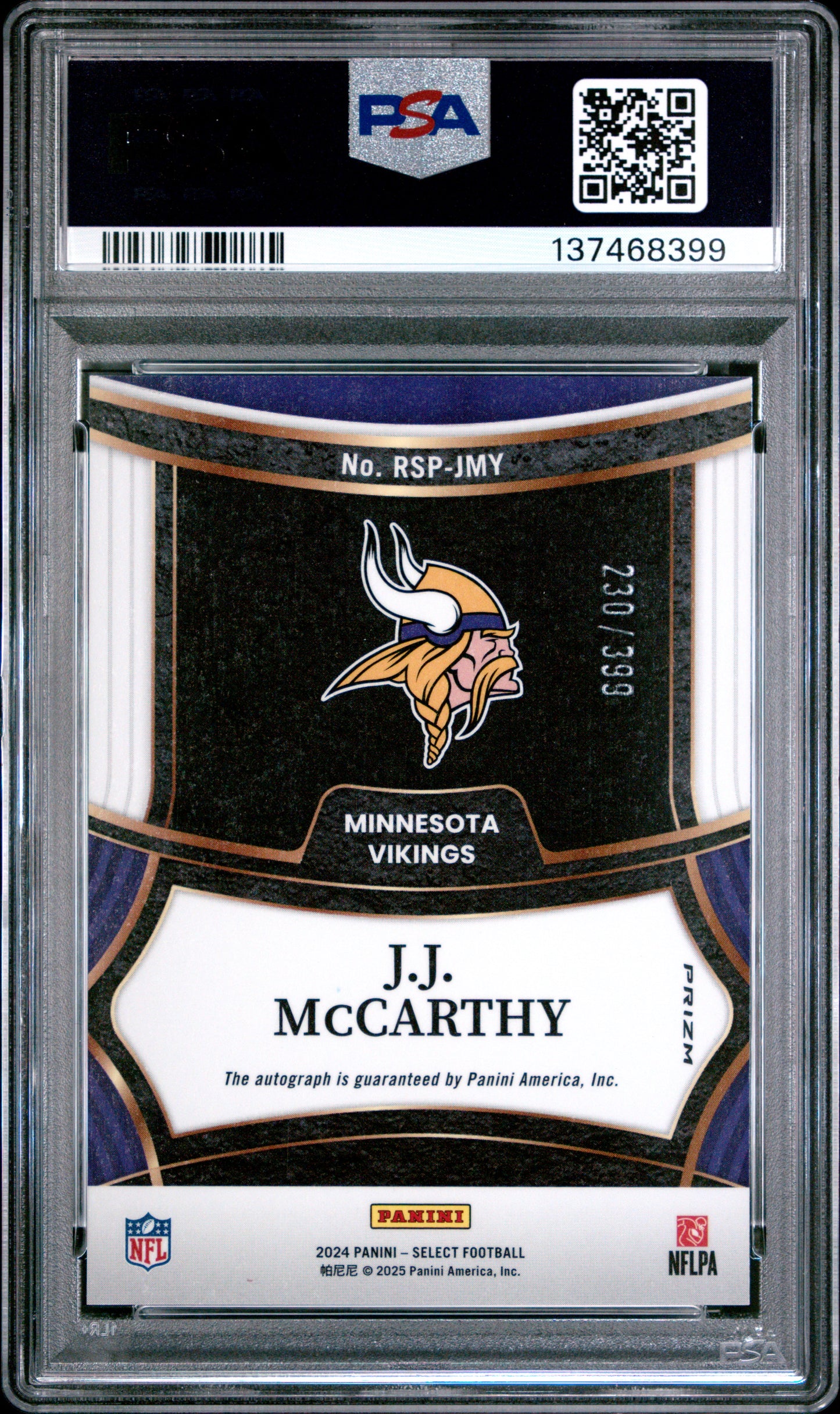 J.J. McCarthy 2024 Panini Select Rookie Signature #230/399 PSA 8 Nm-Mint